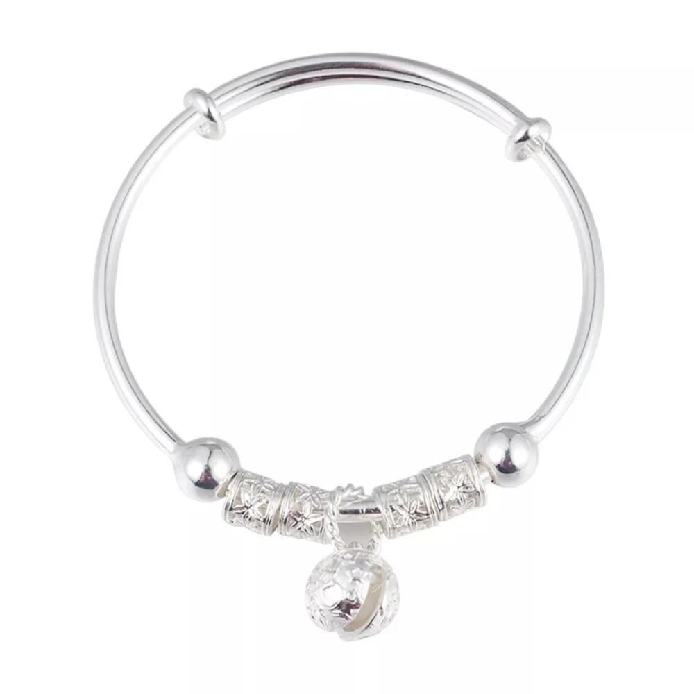 Silver Bell Beaded Elegant Dainty Adjustable Bangle Bracelet Jingle Bells Ball